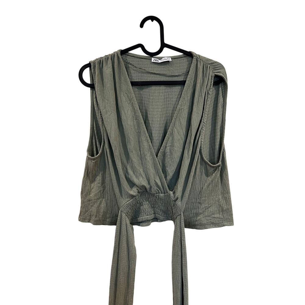 Sage green wrap style crop top with tie waist
